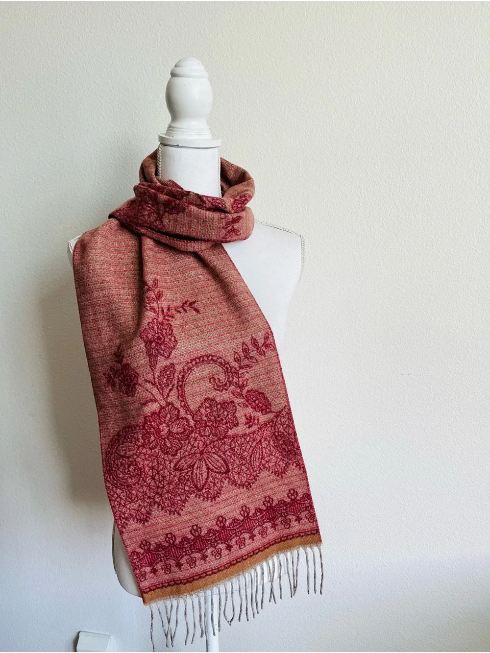 Floral Jacquard Fringe Scarf in Rose Red Germany 11/50 inch